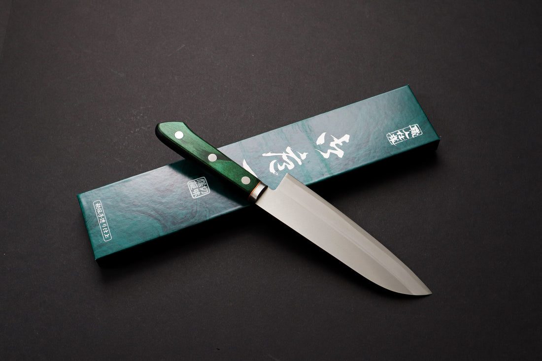 SAKAI KIKUMORI BLUE STEEL SANTOKU 165MM GREEN PAKKA HANDLE